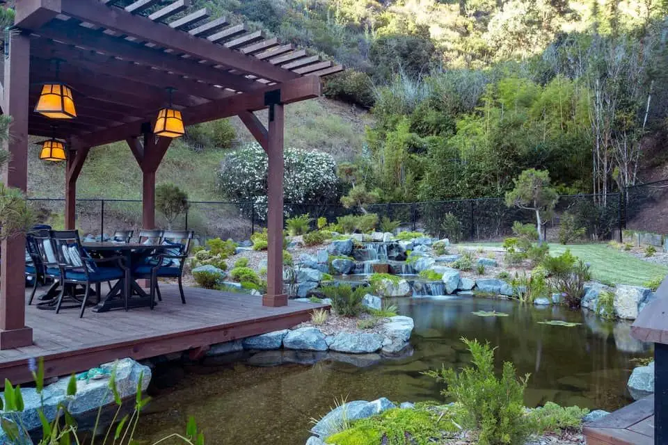 Japanese style large outdoor pond with overhanging observation deck.