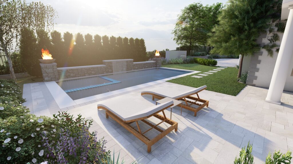 3D rendering showing lounge chairs beside the pool deck with fire bowl columns