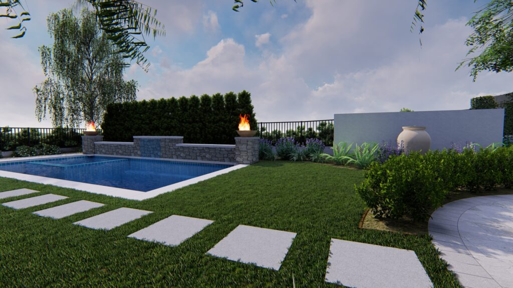 3D rendering showing backyard view with stepping stones through turf leading to the pool and fire bowl wall